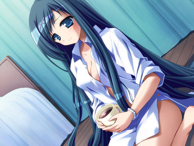 riku fumika, blush, breasts, cleavage, coffee, green eyes, green hair, long hair, shirt, thighhighs
