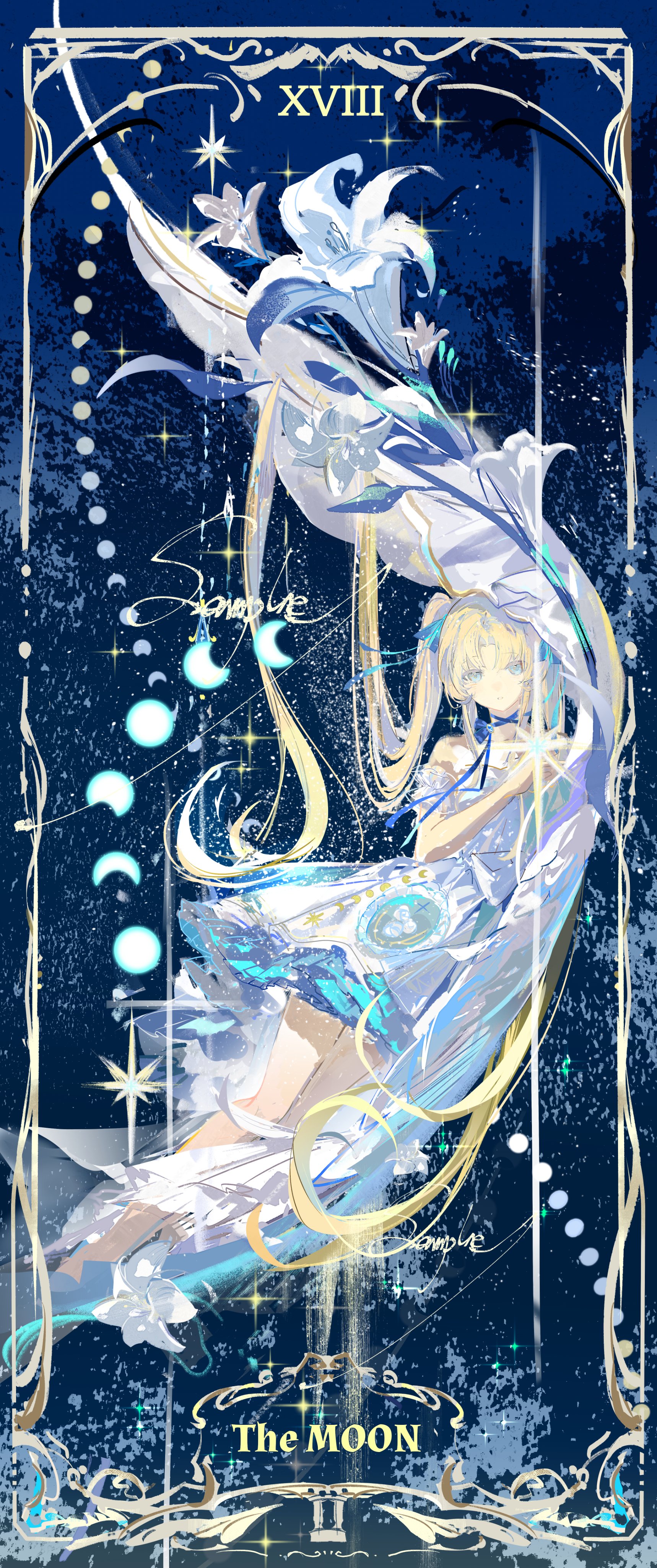 lantercat, white lily, absurdres, character request, copyright request, highres, 1girl, blonde hair, blue eyes, border, cool colored, curtained hair, dress, flower, full body, knees together feet apart, lily (flower), long hair, looking at viewer, moon phases, neck ribbon, night, ornate border, painterly, ribbon, sidelocks, sky, solo, sparkle, star (sky), starry sky, tarot, the moon (tarot), twintails, very long hair, white dress