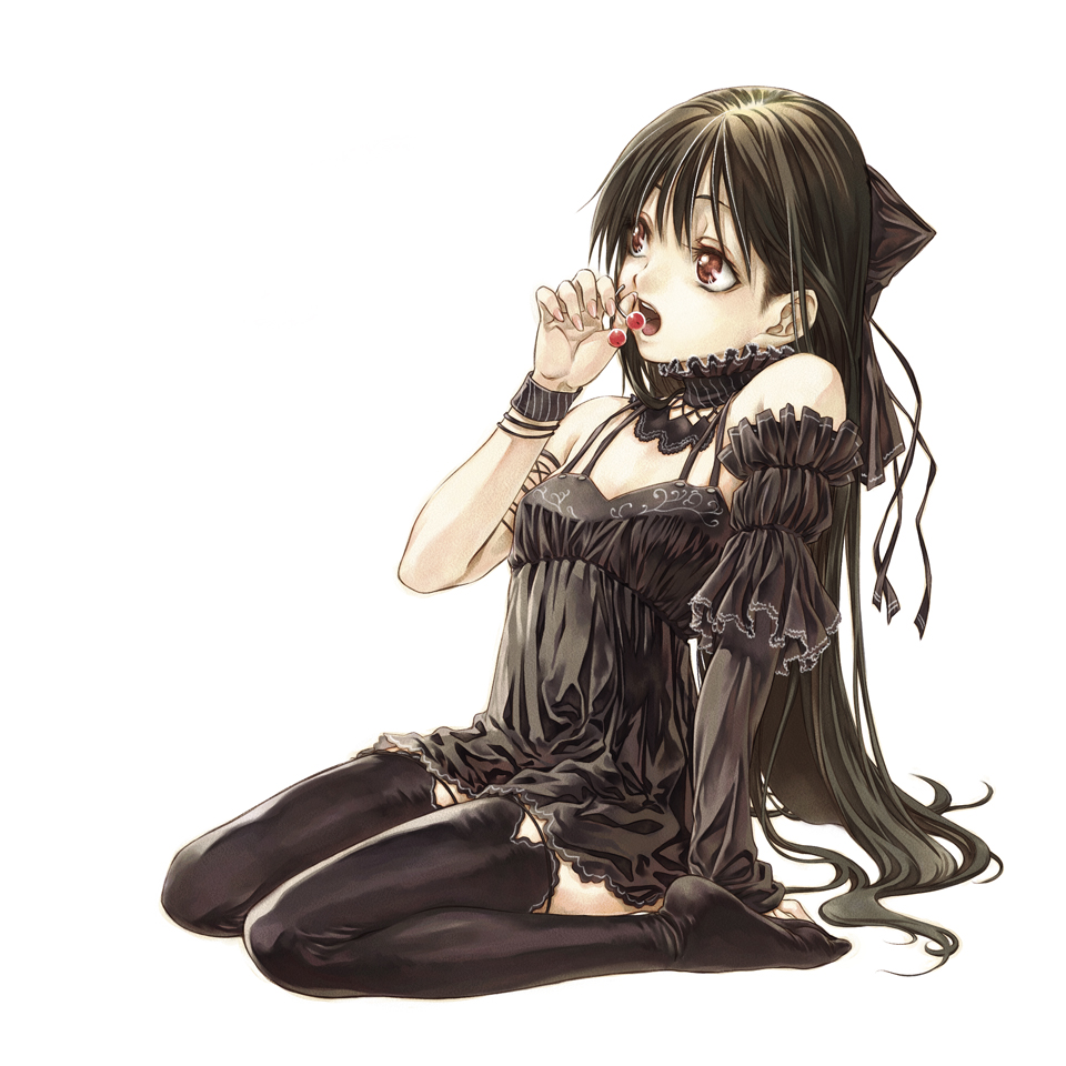 miura yui, original, bad id, bad pixiv id, 1girl, black dress, black hair, black thighhighs, brown eyes, cherry, dress, feet, female focus, food, fruit, gothic lolita, hair ribbon, lolita fashion, long hair, ribbon, solo, thighhighs, very long hair