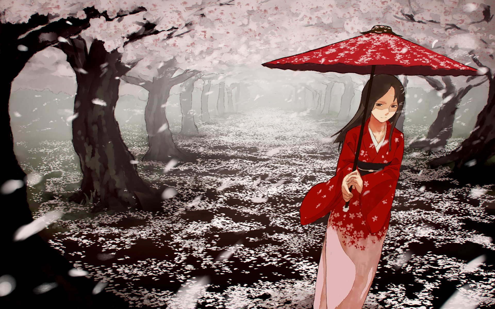 mizu asato, original, highres, 1girl, brown eyes, brown hair, cherry blossoms, female focus, japanese clothes, kimono, long hair, oil-paper umbrella, petals, solo, tree, umbrella