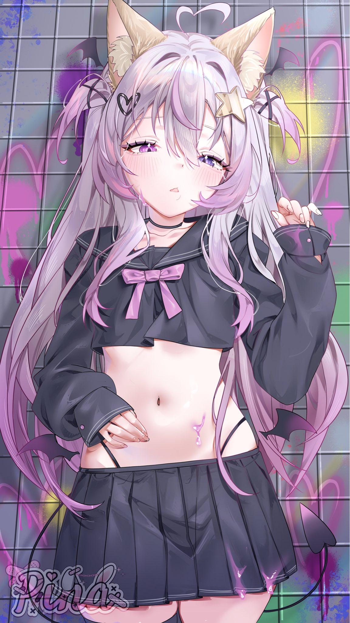 pinari, annytf, indie virtual youtuber, commentary, highres, symbol-only commentary, 1girl, ahoge, animal ears, black choker, black sailor collar, black serafuku, black skirt, black tail, blush, bow, bowtie, choker, cowboy shot, cropped shirt, demon tail, fox ears, fox girl, hair between eyes, hair ornament, head wings, heart, heart hair ornament, heterochromia, long hair, long sleeves, low wings, multicolored hair, navel, pink bow, pink bowtie, pink eyes, pink hair, pleated skirt, purple eyes, sailor collar, school uniform, serafuku, skirt, solo, star (symbol), star hair ornament, streaked hair, tail, triangle mouth, two side up, virtual youtuber, white hair, wings