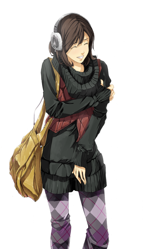 sousou (sousouworks), original, argyle legwear, purple legwear, 1girl, argyle clothes, bag, brown hair, closed eyes, female focus, headphones, smile, solo, sweater, winter clothes