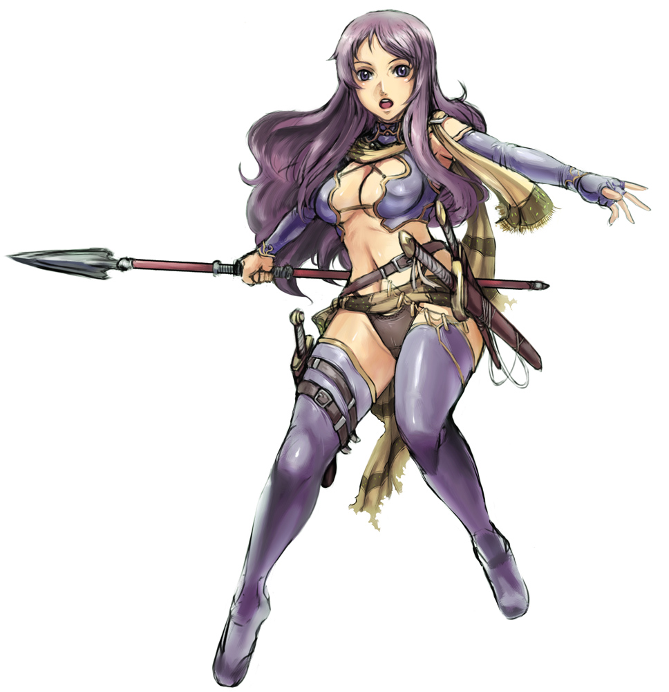 caryo, tabigarasu, maria (ff2), final fantasy, final fantasy ii, 1980s (style), bad id, bad pixiv id, 1girl, belt, breasts, cleavage, elbow gloves, female focus, full body, gloves, long hair, oldschool, open mouth, polearm, purple eyes, purple hair, retro artstyle, simple background, solo, spear, thighhighs, weapon