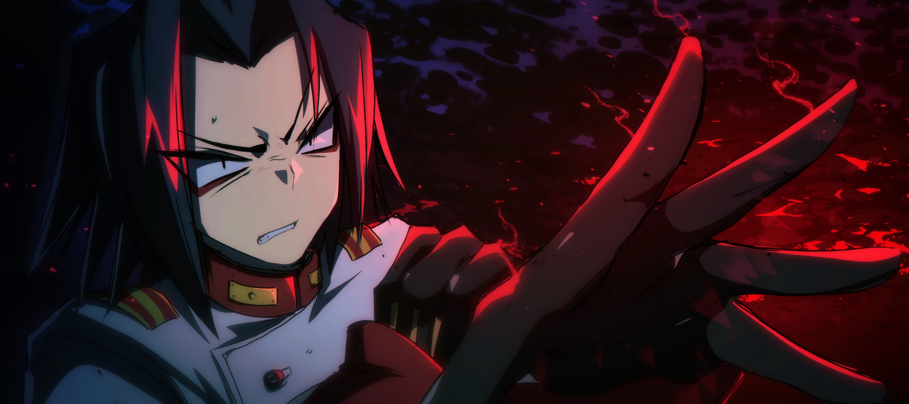 sora (zombiebathwater), akatsuki (akatsuki en-eins), akatsuki blitzkampf, en-eins kanzen sekai, highres, 1boy, angry, gloves, lightning, military uniform, serious, soldier, sweat, sweatdrop