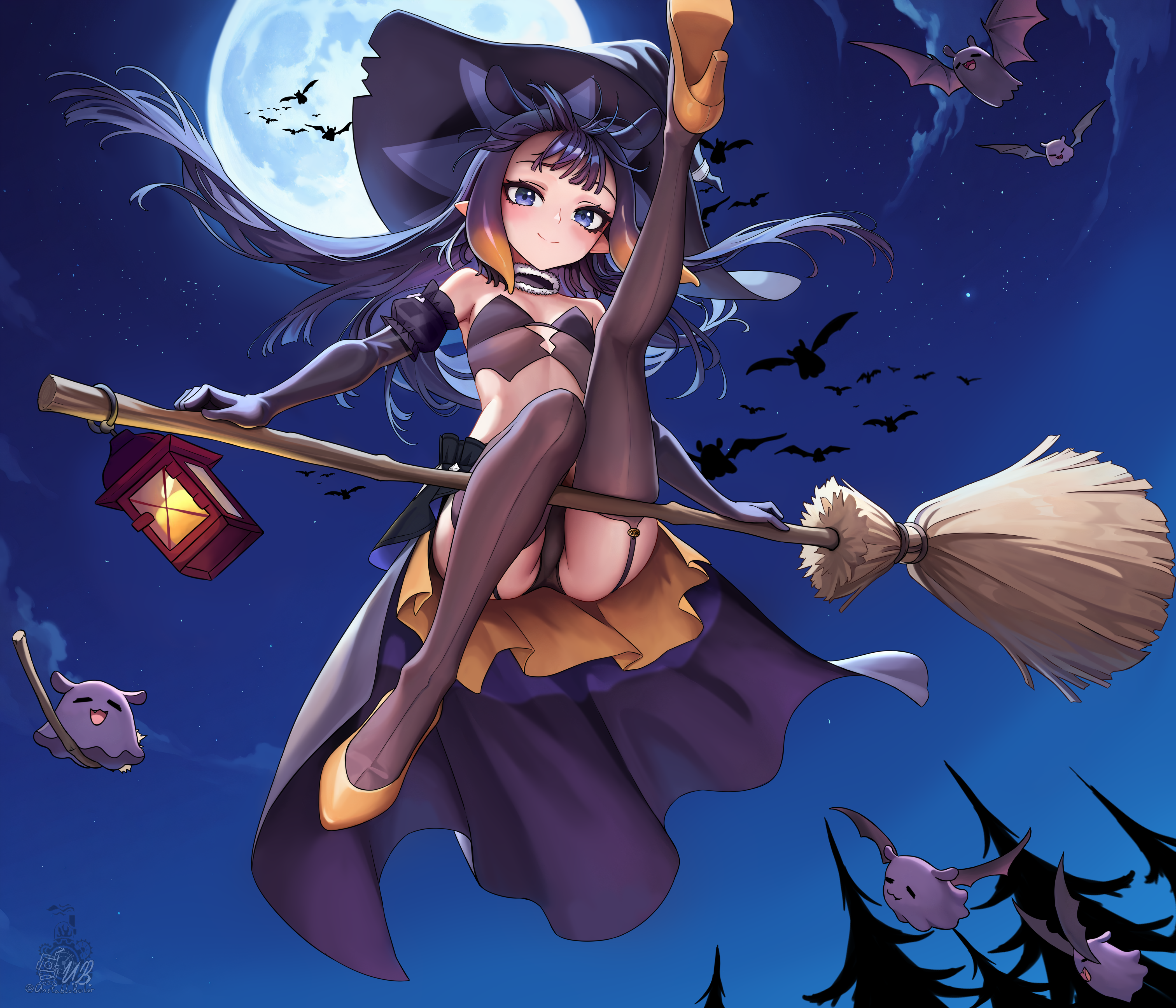 unstableboiler, ninomae ina'nis, takodachi (ninomae ina'nis), hololive, hololive english, absurdres, commentary, english commentary, highres, 1girl, alternate costume, black collar, black gloves, black hat, black panties, black shirt, blunt bangs, broom, broom riding, center-flap bangs, closed mouth, collar, cropped shirt, elbow gloves, flat chest, floating hair, full body, full moon, fur-trimmed collar, fur trim, gloves, gradient hair, halloween, hat, high-low skirt, layered skirt, leg up, long hair, looking at viewer, moon, multicolored hair, night, orange hair, orange skirt, outdoors, outstretched leg, panties, pantyshot, pointy ears, purple hair, purple skirt, shirt, sidelocks, skirt, sleeveless, sleeveless shirt, smile, solo, straight hair, strapless, strapless shirt, tentacle hair, thighhighs, underwear, virtual youtuber, witch, witch hat