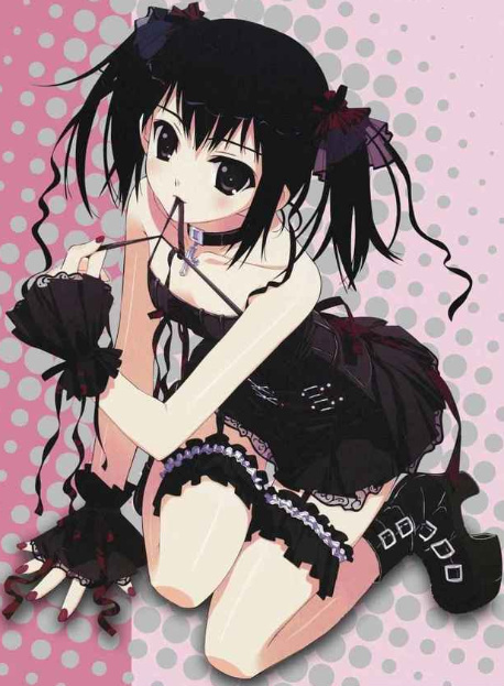 black eyes, black hair, collar, frills, goth fashion, hair ribbon, kneeling, mouth hold, nail polish, ribbon, short hair