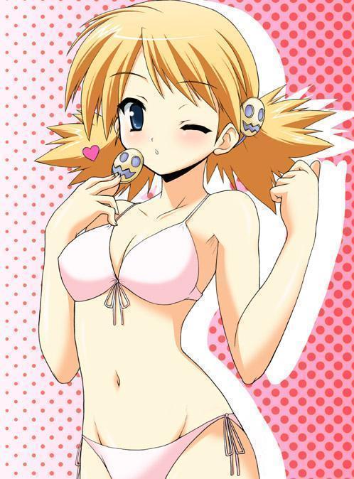 sasamori karin, to heart (series), to heart 2, 00s, bikini, blonde hair, blue eyes, blush, bra, breasts, cleavage, lingerie, midriff, navel, one eye closed, short hair, swimsuit, underwear, wink