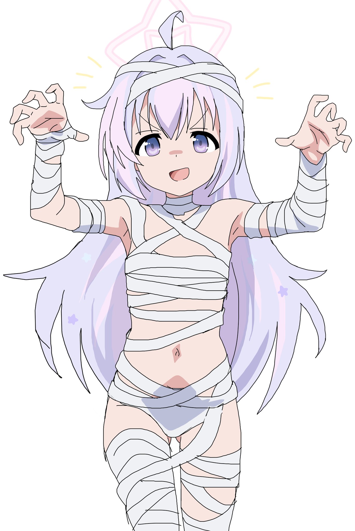 riokasen, reisa (blue archive), blue archive, commentary request, highres, 1girl, :d, ahoge, armpits, arms up, blue hair, halo, long hair, multicolored hair, mummy costume, navel, open mouth, panties, pink hair, pink halo, purple eyes, simple background, smile, solo, standing, star halo, underwear, v-shaped eyebrows, white background, white panties