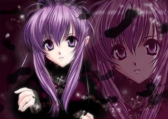 tagme, goth fashion, long hair, purple eyes, purple hair, staring
