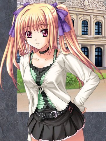 kannatsuki noboru, yugiri perserte, shinkyoku soukai polyphonica, lowres, official art, 00s, 1girl, belt, blonde hair, casual, choker, female focus, frills, front-tie top, hair ribbon, hand on own hip, hip focus, long hair, miniskirt, pink eyes, pleated skirt, red eyes, ribbon, skirt, smile, solo, standing, studded belt