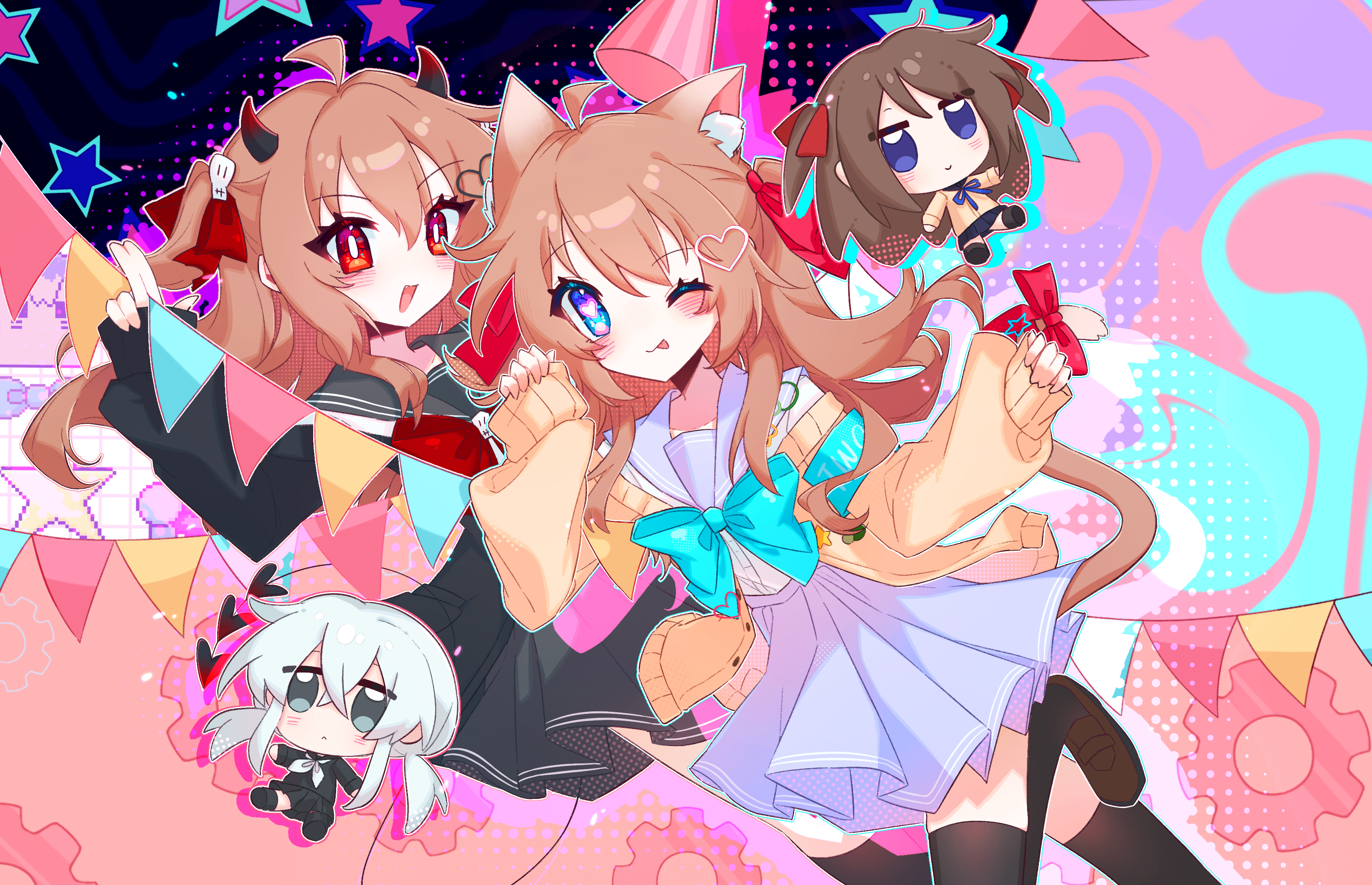 evil neuro-sama, momose hiyori, neuro-sama, absurdres, commentary request, highres, 4girls, ahoge, animal ears, aqua bow, aqua bowtie, black horns, black sailor collar, black serafuku, black skirt, black thighhighs, blue eyes, blue sailor collar, blue skirt, bow, bowtie, brown hair, cardigan, cat ears, cat girl, cat tail, chibi, closed mouth, hair ornament, heart, heart-shaped pupils, heart hair ornament, horns, long hair, long sleeves, looking at viewer, multiple girls, off-shoulder cardigan, one eye closed, open mouth, pleated skirt, red bow, red bowtie, red eyes, sailor collar, school uniform, serafuku, skirt, sleeves past wrists, study-sama, symbol-shaped pupils, tail, thighhighs, tongue, tongue out, two side up, user hmyv8473, vedal ai, virtual youtuber, yellow cardigan