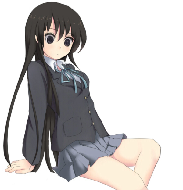 am-s, akiyama mio, ampm, k-on!, bad id, bad pixiv id, 00s, 1girl, black eyes, black hair, blazer, female focus, jacket, long hair, miniskirt, pleated skirt, ribbon, school uniform, simple background, sitting, skirt, solo