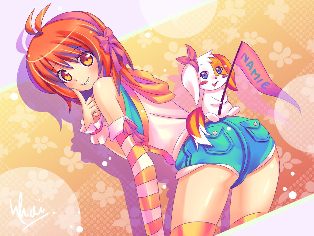 kaizeru, original, 1girl, ass, bent over, blush, denim, denim shorts, detached sleeves, female focus, jeans, orange eyes, orange hair, pants, ribbon, short shorts, shorts, smile, solo, thighhighs