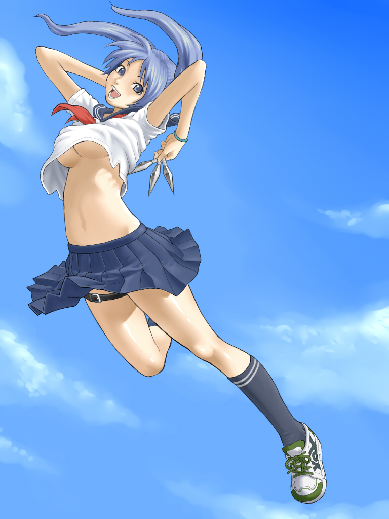 5tatsu, original, bad id, bad pixiv id, 1girl, belt, blue eyes, blue hair, breasts, female focus, jumping, knife, kunai, matching hair/eyes, midriff, open mouth, school uniform, serafuku, shoes, skirt, smile, sneakers, socks, solo, striped clothes, striped socks, thigh strap, twintails, underboob, weapon, wristband