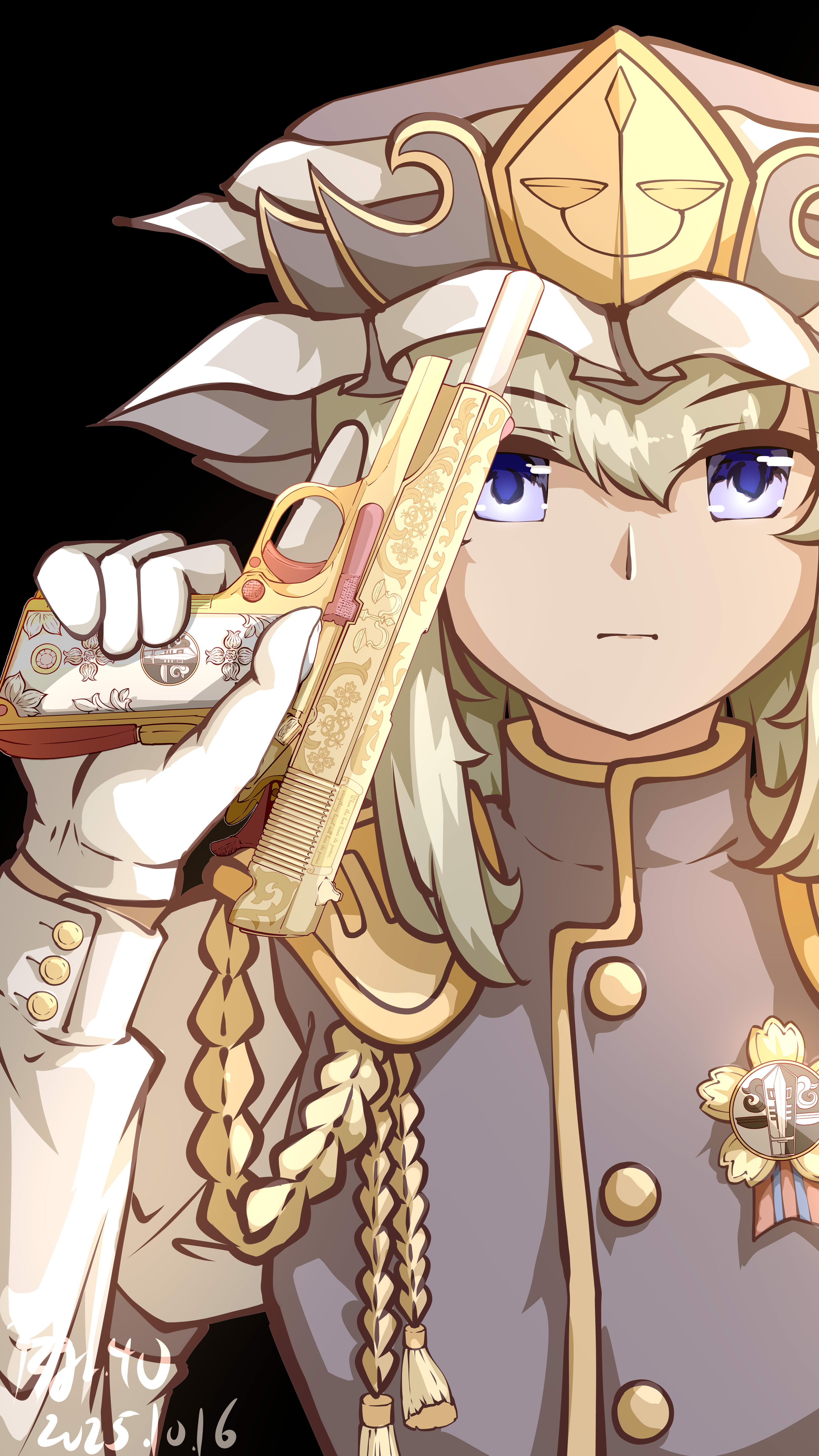pzgr.40, shiki eiki, touhou, absurdres, chinese commentary, commentary request, highres, 1girl, black background, blue eyes, buttons, closed mouth, epaulettes, expressionless, frilled hat, frills, gloves, gold weapon, green hair, grey hat, grey vest, gun, handgun, hat, holding, holding gun, holding weapon, looking at viewer, m1911, medium hair, simple background, solo, trigger discipline, upper body, vest, weapon, white gloves