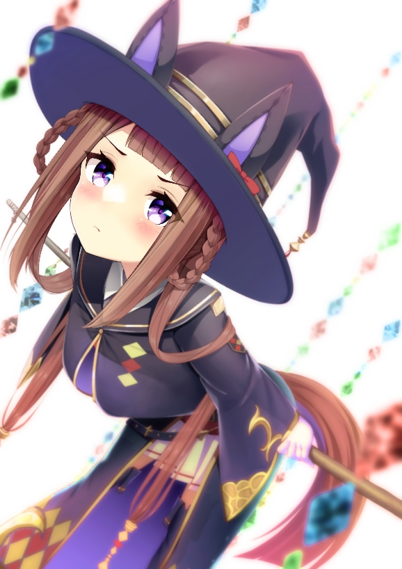 shirakawayuusan, sweep tosho (platanus witch) (umamusume), sweep tosho (umamusume), umamusume, commentary request, 1girl, animal ears, braid, braided hair rings, brown hair, hair rings, hat, horse ears, horse girl, horse tail, long hair, long sleeves, looking at viewer, purple eyes, simple background, sitting, solo, tail, white background, witch hat