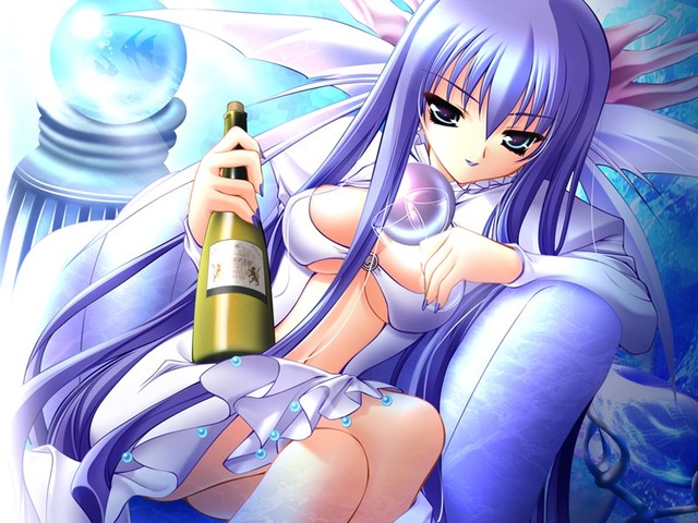 alcohol, blue eyes, blue hair, breasts, chair, champagne, long hair, nail polish, thighhighs