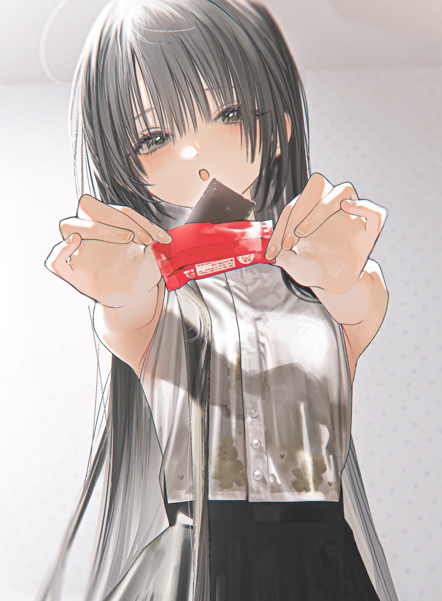 honnryou hanaru, honjou ruri, original, highres, 1girl, animal print, armpit crease, bear print, black skirt, blunt bangs, blush, breasts, brown eyes, brown hair, button up skirt, chocolate, long hair, looking at viewer, petite, shirt, skirt, sleeveless, sleeveless shirt, small breasts, solo, white shirt
