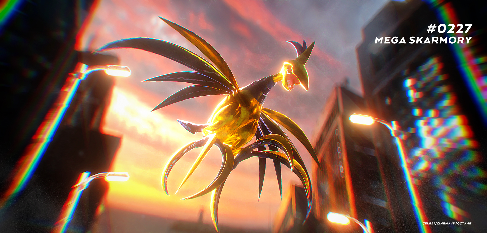 celebi350300687, mega skarmory, skarmory, nintendo, pokemon, commentary request, highres, 3d, artist name, blurry, blurry background, building, character name, chromatic aberration, cinema 4d (medium), city, cloud, flying, full body, gen 2 pokemon, gold skin, lamppost, mega pokemon, metal skin, no humans, open mouth, outdoors, pokedex number, pokemon (creature), pokemon focus, sky, solo, talons