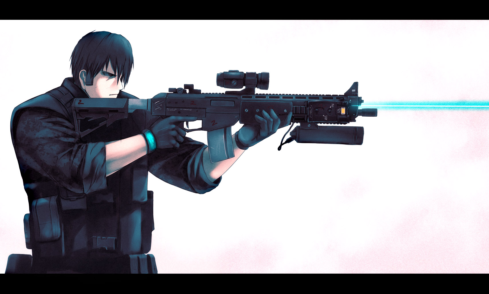 onibi (foxhound4185), original, sig sauer, bad id, bad pixiv id, highres, 1boy, assault rifle, black hair, gloves, gun, laser, laser pointer projection, laser sight, letterboxed, male focus, rifle, short hair, sig sauer 556, solo, weapon
