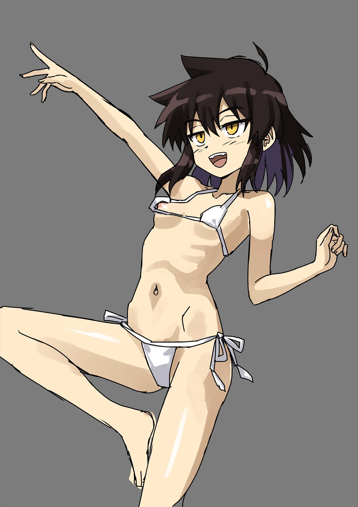 onimushi hyogo, commentary request, highres, 1girl, :d, bikini, black hair, breasts, foot out of frame, haruka naru enkei sekai, inui koi, looking afar, medium hair, micro bikini, navel, nipple slip, nipples, open mouth, petite, simple background, small breasts, smile, solo, spiked hair, swimsuit, white bikini, yellow eyes