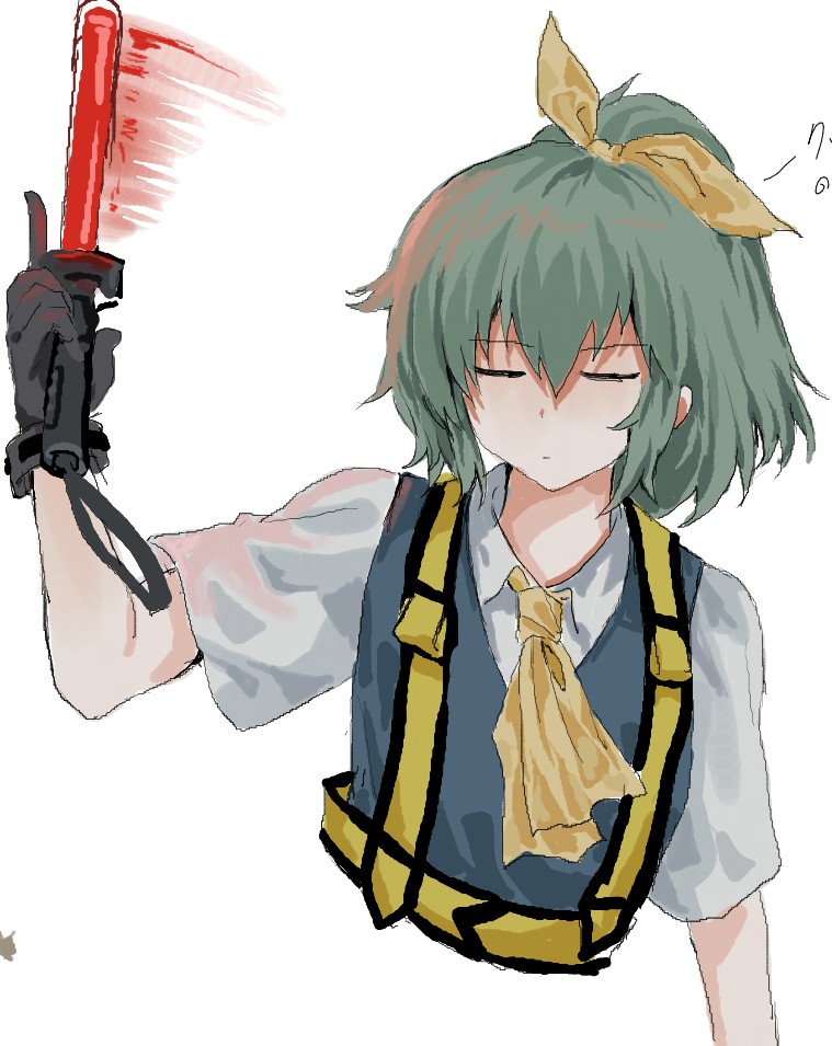 yukine 0930, daiyousei, diyusi (cookie), cookie (touhou), touhou, commentary request, 1girl, ascot, black gloves, blue vest, bow, closed eyes, closed mouth, collared shirt, expressionless, gloves, green hair, hair bow, high-visibility clothing, high-visibility vest, medium hair, shirt, simple background, solo, traffic baton, upper body, vest, white background, white shirt, yellow ascot, yellow bow