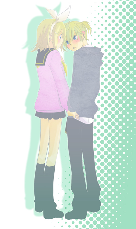 hk, kagamine len, kagamine rin, vocaloid, bad id, bad pixiv id, 1boy, 1girl, blush, brother and sister, hair ornament, hair ribbon, hairclip, holding hands, ribbon, siblings, twins