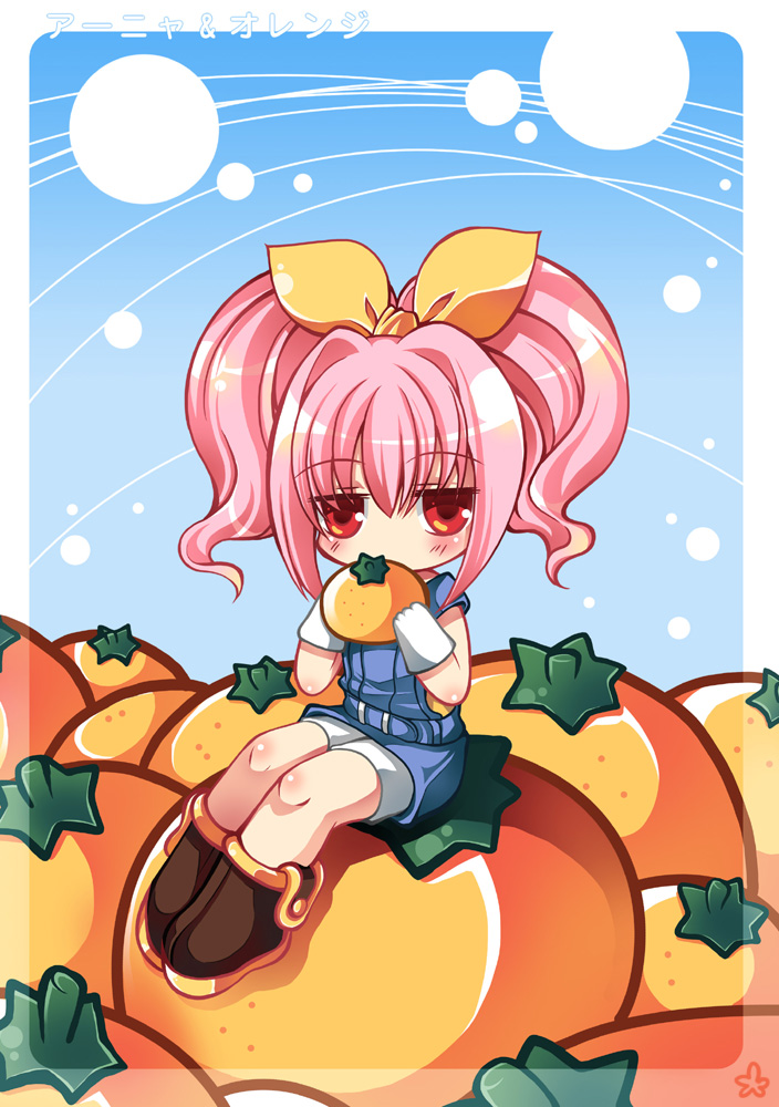 =3=, anya alstreim, code geass, bad id, bad pixiv id, 00s, 1girl, blush, boots, bow, female focus, food, fruit, hair bow, holding, holding food, holding fruit, orange (fruit), overalls, pink hair, red eyes, solo, twintails