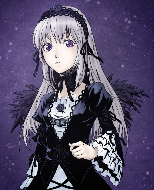 akitu kouta, suigintou, rozen maiden, commentary request, 1girl, alternate eye color, black collar, black dress, black flower, black hairband, black ribbon, black rose, black wings, breasts, collar, detached collar, dress, feathered wings, flower, frilled dress, frills, gothic lolita, grey hair, hair ribbon, hairband, layered dress, lolita fashion, lolita hairband, long hair, looking at viewer, neck ribbon, purple background, ribbon, rose, small breasts, solo, upper body, white dress, wings