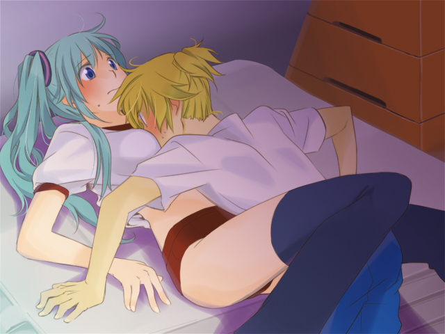 hk, hatsune miku, kagamine len, vocaloid, bad id, bad pixiv id, 1boy, 1girl, aqua hair, bent over, between breasts, between legs, black thighhighs, blonde hair, blue eyes, blush, breast smother, breasts, buruma, clothes lift, dutch angle, embarrassed, face to breasts, from side, frown, gym storeroom, head between breasts, hetero, indoors, long hair, low twintails, lying, mat, midriff, on back, scrunchie, shadow, shirt, shirt lift, short hair, short sleeves, sweat, thighhighs, twintails, vaulting horse