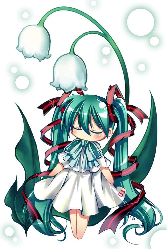 =3=, hatsune miku, vocaloid, bad id, bad pixiv id, aqua hair, bow, chibi, closed eyes, dress, flower, hair ribbon, long hair, plant, ribbon, solo, twintails, very long hair