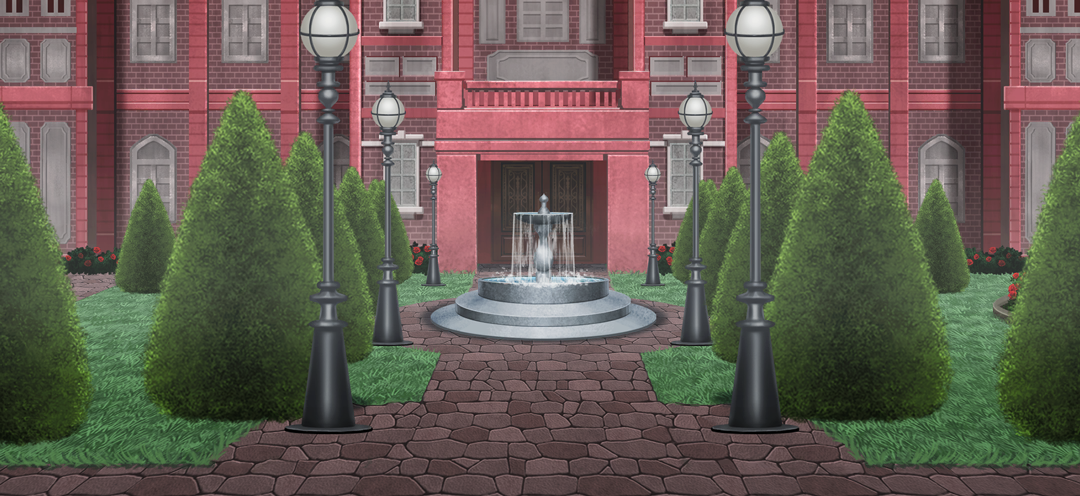 touhou, touhou gensou eclipse, game cg, non-web source, official art, balcony, bush, day, door, flower, fountain, garden, lamppost, mansion, no humans, open mouth, path, red flower, road, scarlet devil mansion, scenery, topiary, tree, window