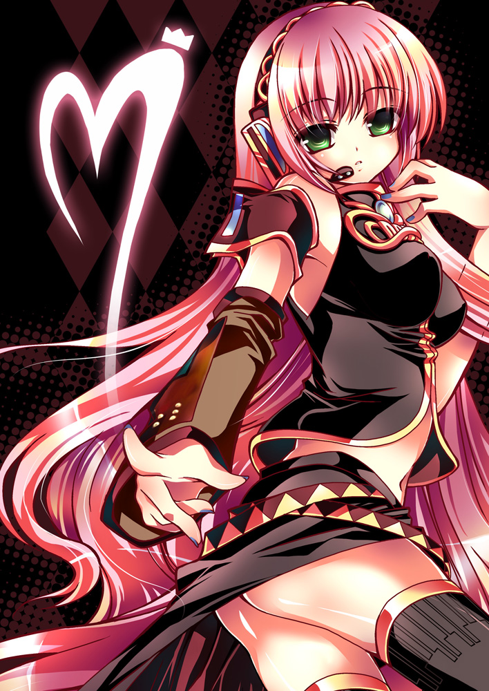 =3=, megurine luka, vocaloid, bad id, bad pixiv id, detached sleeves, headphones, headset, heart, long hair, midriff, nail polish, navel, pink hair, pointing, thighhighs