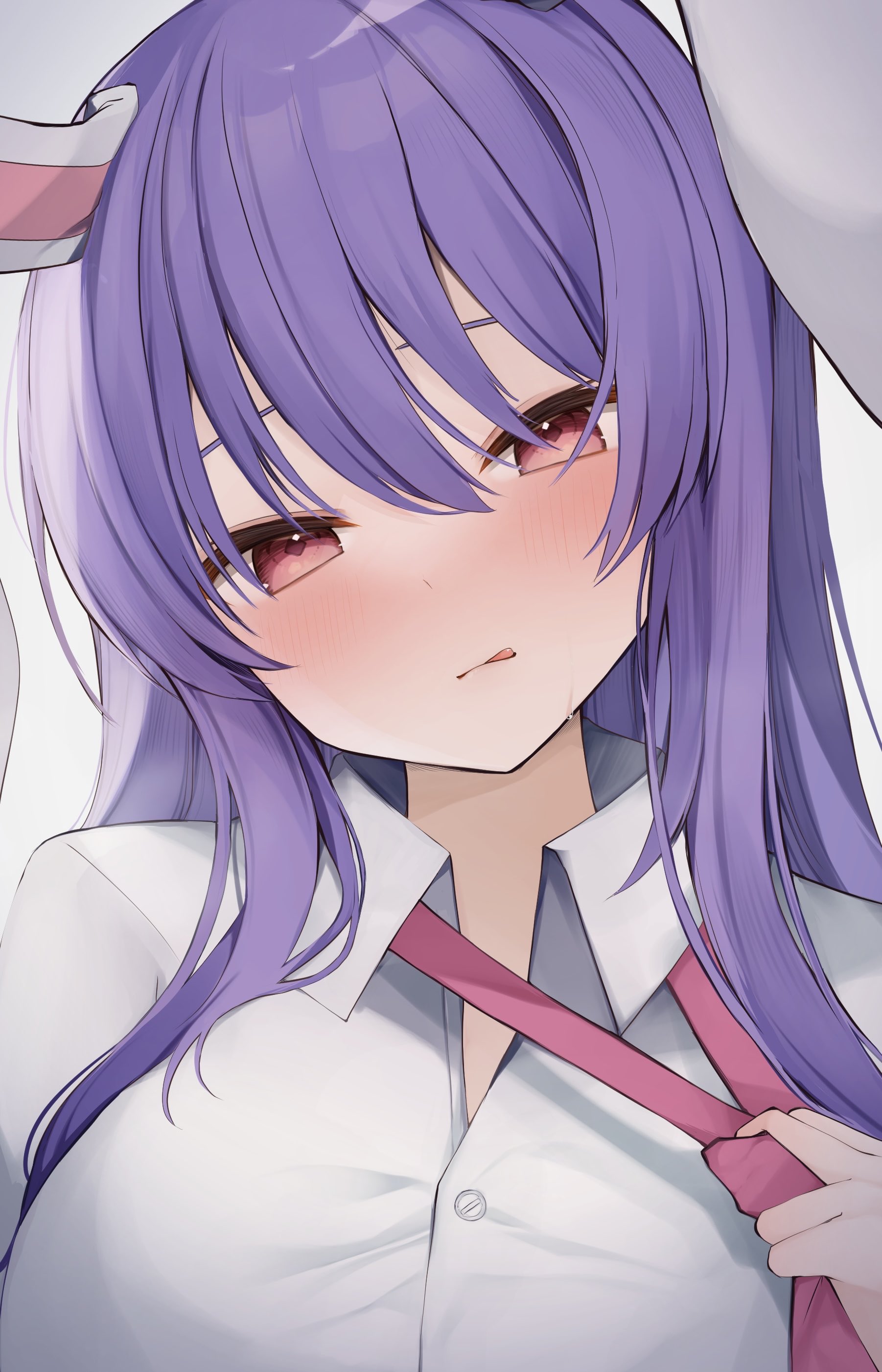 karasusou nano, reisen udongein inaba, touhou, absurdres, highres, 1girl, animal ears, blush, closed mouth, clothes grab, collared shirt, hair between eyes, licking lips, long hair, looking at viewer, necktie, necktie grab, neckwear grab, pink eyes, pink necktie, portrait, purple hair, rabbit ears, rabbit girl, shirt, simple background, smile, solo, tongue, tongue out, white background, white shirt