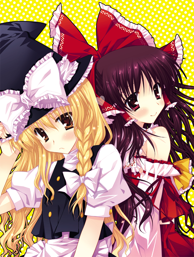 araiguma, hakurei reimu, kirisame marisa, touhou, bad id, bad pixiv id, 2girls, bare shoulders, black hair, blonde hair, blush, bow, braid, female focus, hair ribbon, hat, heart, heart-shaped pupils, japanese clothes, miko, multiple girls, red eyes, ribbon, symbol-shaped pupils, witch, witch hat, yellow eyes