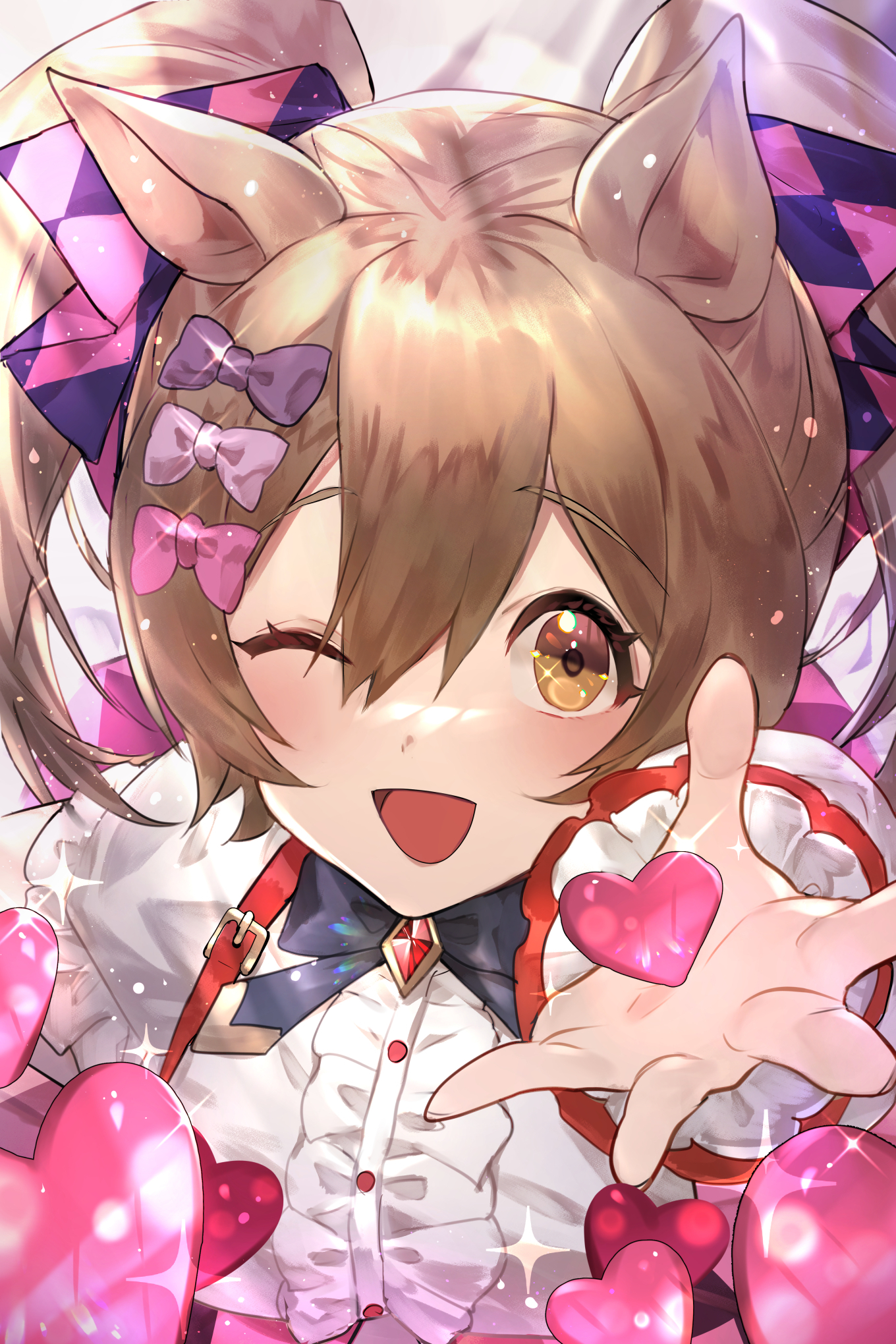 suzu (suzuame329), smart falcon (love 4ever) (umamusume), smart falcon (umamusume), umamusume, commentary request, highres, 1girl, ;d, animal ears, brown hair, center frills, frills, hair between eyes, heart, horse ears, horse girl, horse tail, looking at viewer, one eye closed, open mouth, shirt, smile, solo, tail, twintails, white shirt
