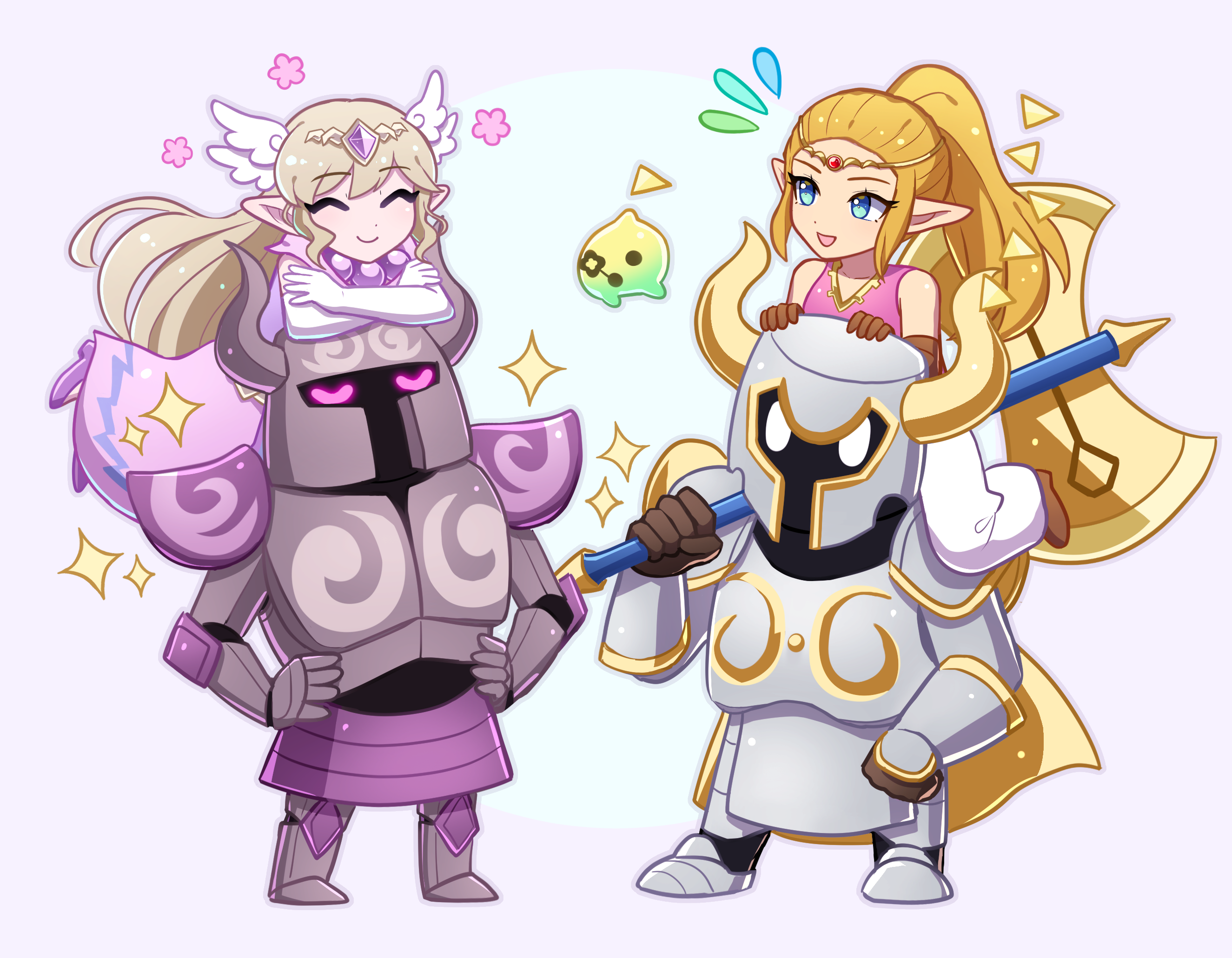 enni, darknut, phantom (zelda), princess zelda, toon zelda, tri (zelda), nintendo, the legend of zelda, the legend of zelda: echoes of wisdom, the legend of zelda: spirit tracks, highres, 2girls, armor, axe, blonde hair, circlet, dress, fake horns, floating, ghost, helmet, horned helmet, horns, in-franchise crossover, multiple girls, multiple persona, official alternate costume, official alternate hairstyle, over shoulder, pointy ears, ponytail, royal travel attire (zelda), smile, weapon, weapon over shoulder, winged hair ornament