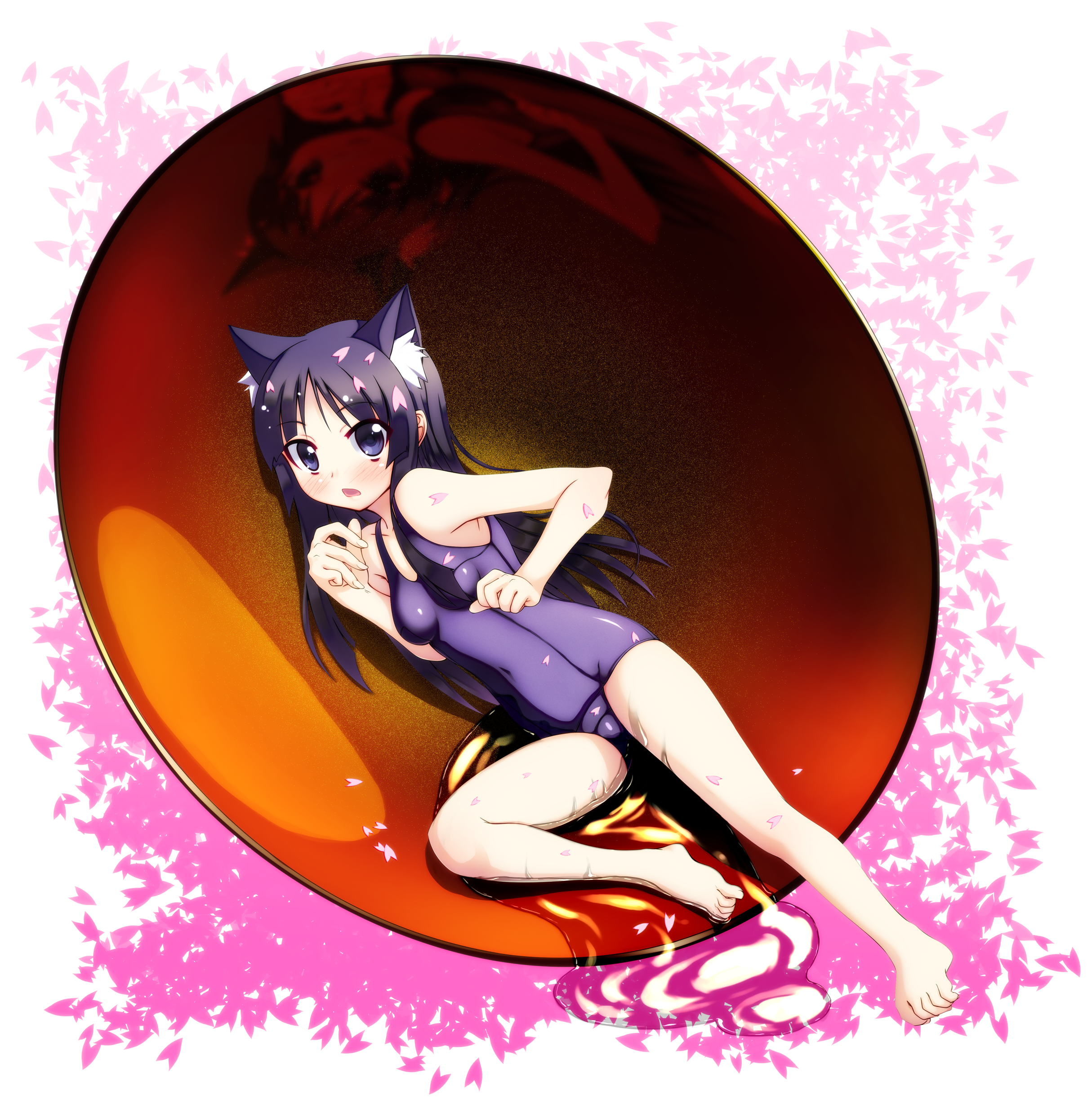 akino sora, akiyama mio, k-on!, absurdres, highres, 00s, 1girl, animal ears, bad anatomy, bad feet, barefoot, black hair, blunt bangs, blush, cat ears, cat girl, feet, female focus, hime cut, long hair, one-piece swimsuit, poorly drawn, purple one-piece swimsuit, purple school swimsuit, school swimsuit, solo, swimsuit