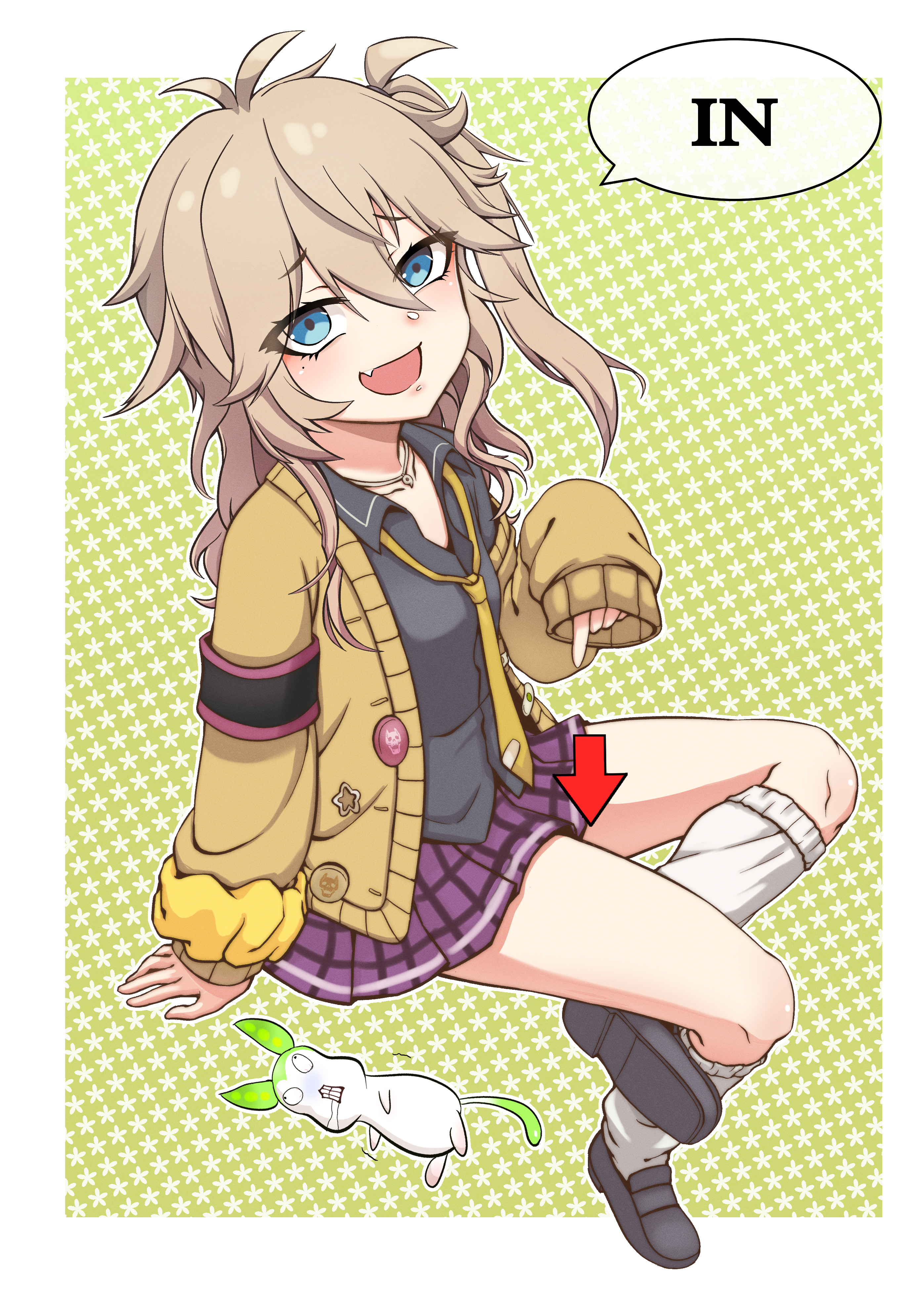 big mouse, kasukabe tsumugi, zundamon, zundamon (utau), utau, voiceroid, voicevox, absurdres, commentary request, highres, 1girl, arrow (symbol), bandaid, black shirt, black shoes, blue eyes, blush, brown hair, cardigan, collared shirt, creature, fang, figure four sitting, floral background, full body, hair between eyes, invisible chair, jewelry, loafers, long hair, long sleeves, looking at viewer, magatama, magatama necklace, messy hair, miniskirt, mole, mole under eye, necklace, necktie, one side up, open cardigan, open clothes, open mouth, plaid clothes, plaid skirt, pointing, pointing down, purple skirt, shirt, shoes, sitting, skin fang, skirt, smile, socks, solo, white socks, yellow cardigan, yellow necktie