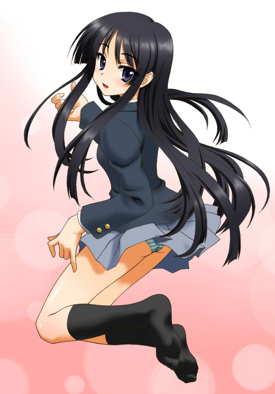 peter (artist), akiyama mio, k-on!, 00s, 1girl, air guitar, black hair, black socks, blunt bangs, feet, female focus, hime cut, kneehighs, long hair, panties, pantyshot, school uniform, socks, solo, striped clothes, striped panties, underwear
