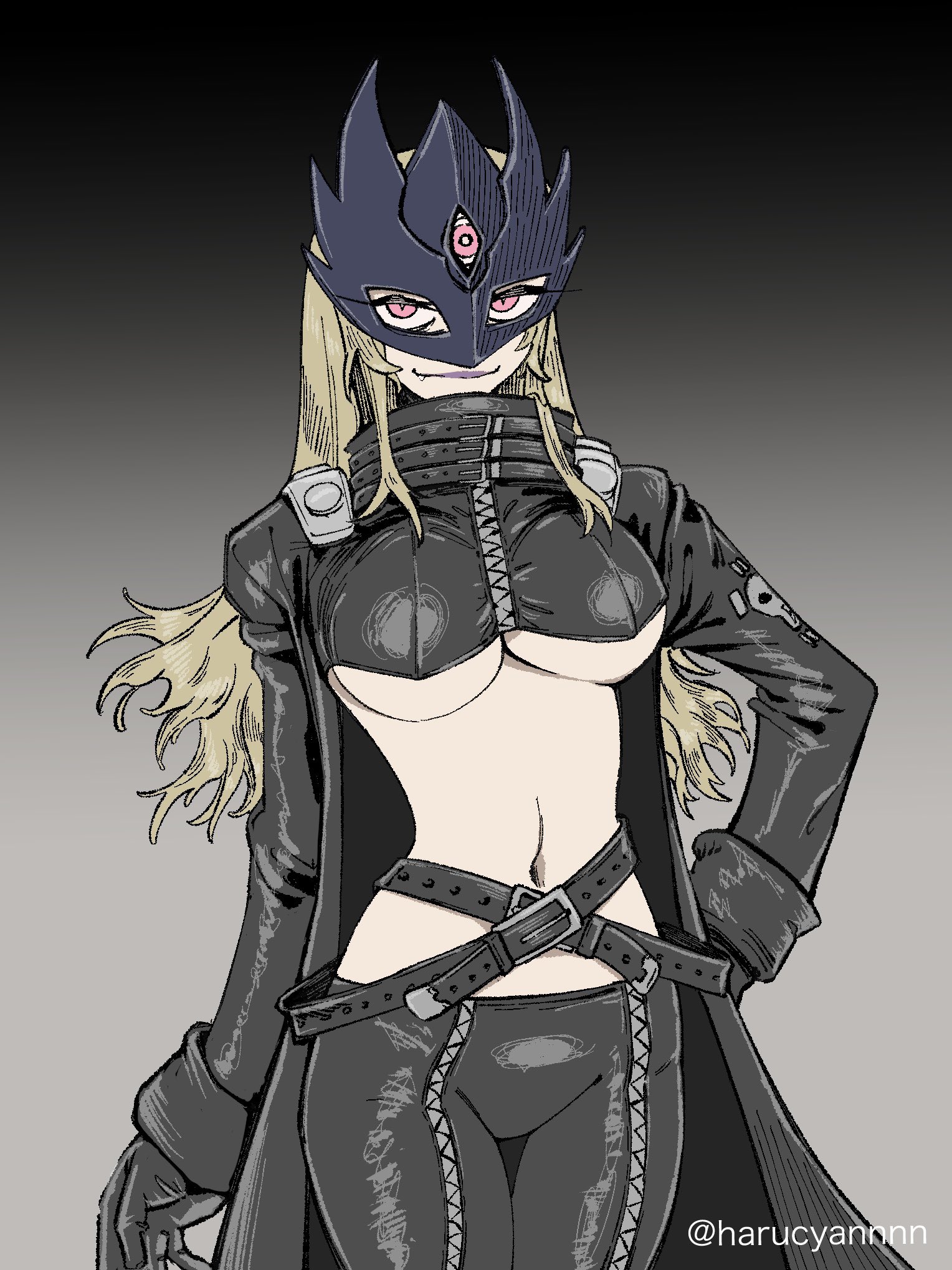 haruchan, beelstarmon, digimon, highres, 1girl, belt, black gloves, blonde hair, breasts, cropped jacket, digimon (creature), fang, female focus, gloves, hand on own hip, jacket, large breasts, leather, leather jacket, leather pants, long hair, mask, navel, pants, purple eyes, simple background, smile, third eye, underboob