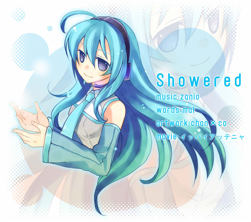 tamura hiro, hatsune miku, vocaloid, bad id, bad pixiv id, alternate hairstyle, aqua hair, arm warmers, blue eyes, blue hair, headphones, microphone, necktie, solo