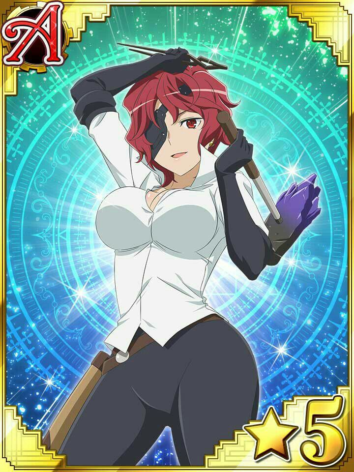 hephaistos (danmachi), dungeon ni deai wo motomeru no wa machigatteiru darou ka, source request, 1girl, breasts, card, eyepatch, hammer, large breasts, red hair, smile