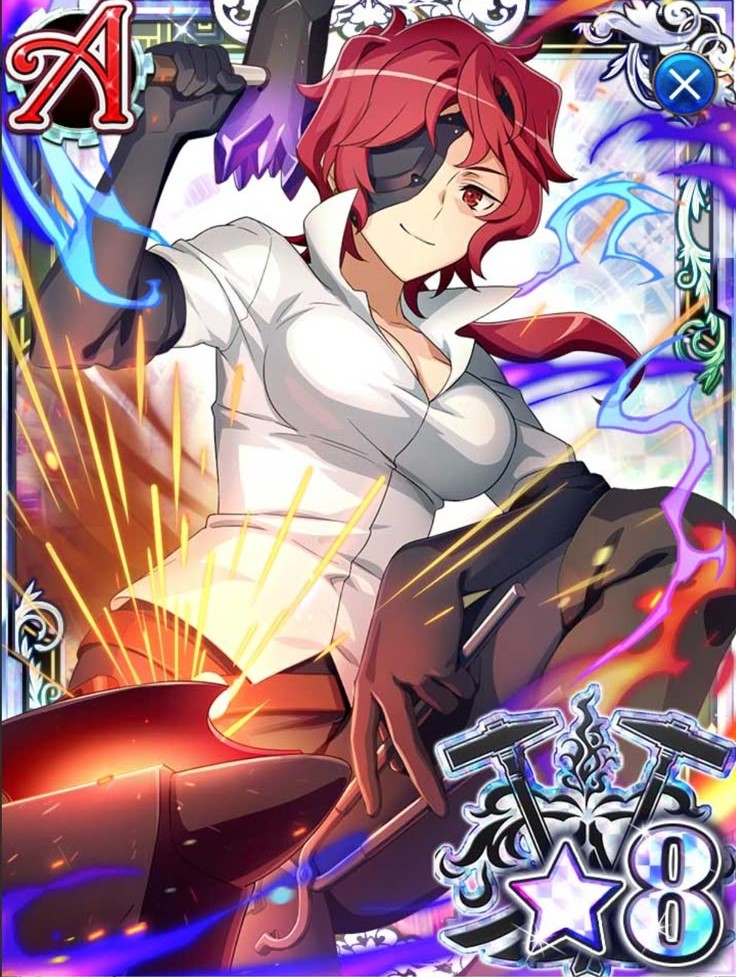 hephaistos (danmachi), dungeon ni deai wo motomeru no wa machigatteiru darou ka, game cg, source request, 1girl, breasts, card, eyepatch, hammer, large breasts, red hair, smile
