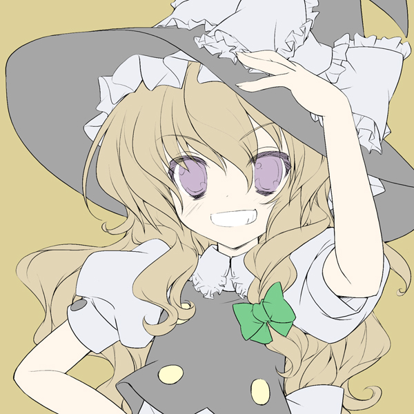 gotou nao, kirisame marisa, touhou, 1girl, blonde hair, blush, female focus, grin, hand on own hip, hat, long hair, ribbon, simple background, sketch, smile, solo, witch, witch hat