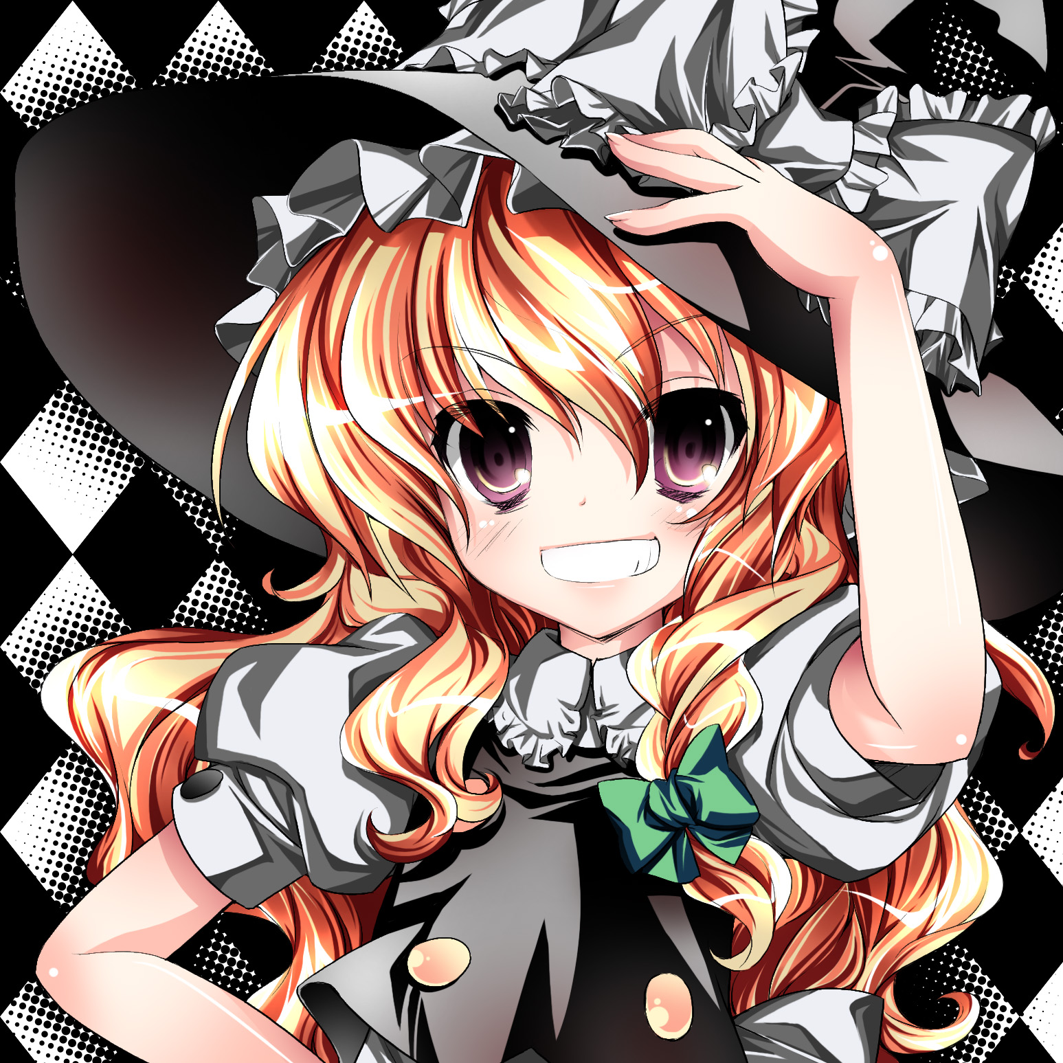 =3=, gotou nao, kirisame marisa, touhou, bad id, bad pixiv id, colorized, highres, 1girl, blonde hair, blush, female focus, grin, hair ribbon, hand on own hip, hat, long hair, ribbon, smile, solo, upper body, witch, witch hat