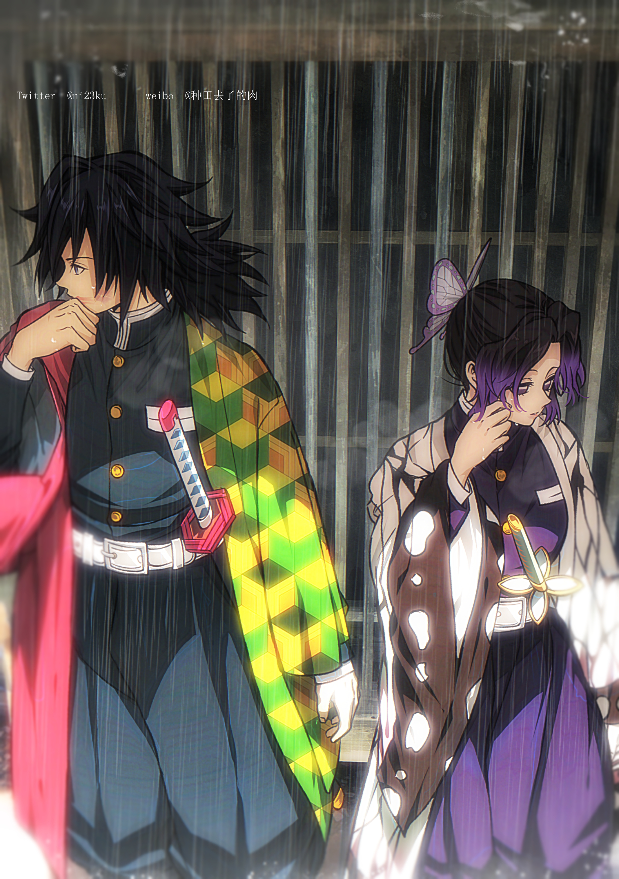 niku (ni23ku), kochou shinobu, tomioka giyuu, kimetsu no yaiba, absurdres, highres, 1boy, 1girl, animal print, belt, black hair, black hakama, black jacket, breasts, butterfly hair ornament, butterfly print, butterfly print haori, cowboy shot, demon slayer uniform, feet out of frame, gold buttons, hair ornament, hakama, hakama pants, haori, jacket, japanese clothes, katana, long hair, low ponytail, medium breasts, pants, parted bangs, ponytail, print haori, purple eyes, purple hair, rain, sidelocks, sword, twitter username, updo, weapon, wet, white belt, wide sleeves, wiping face