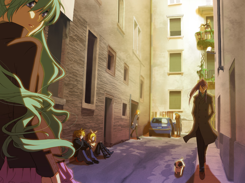hk, hatsune miku, kagamine len, kagamine rin, kaito (vocaloid), kamui gakupo, megurine luka, meiko (vocaloid), vocaloid, bad id, bad pixiv id, 3boys, 4girls, alley, dog, long coat, long hair, looking back, multiple boys, multiple girls, scenery, sitting