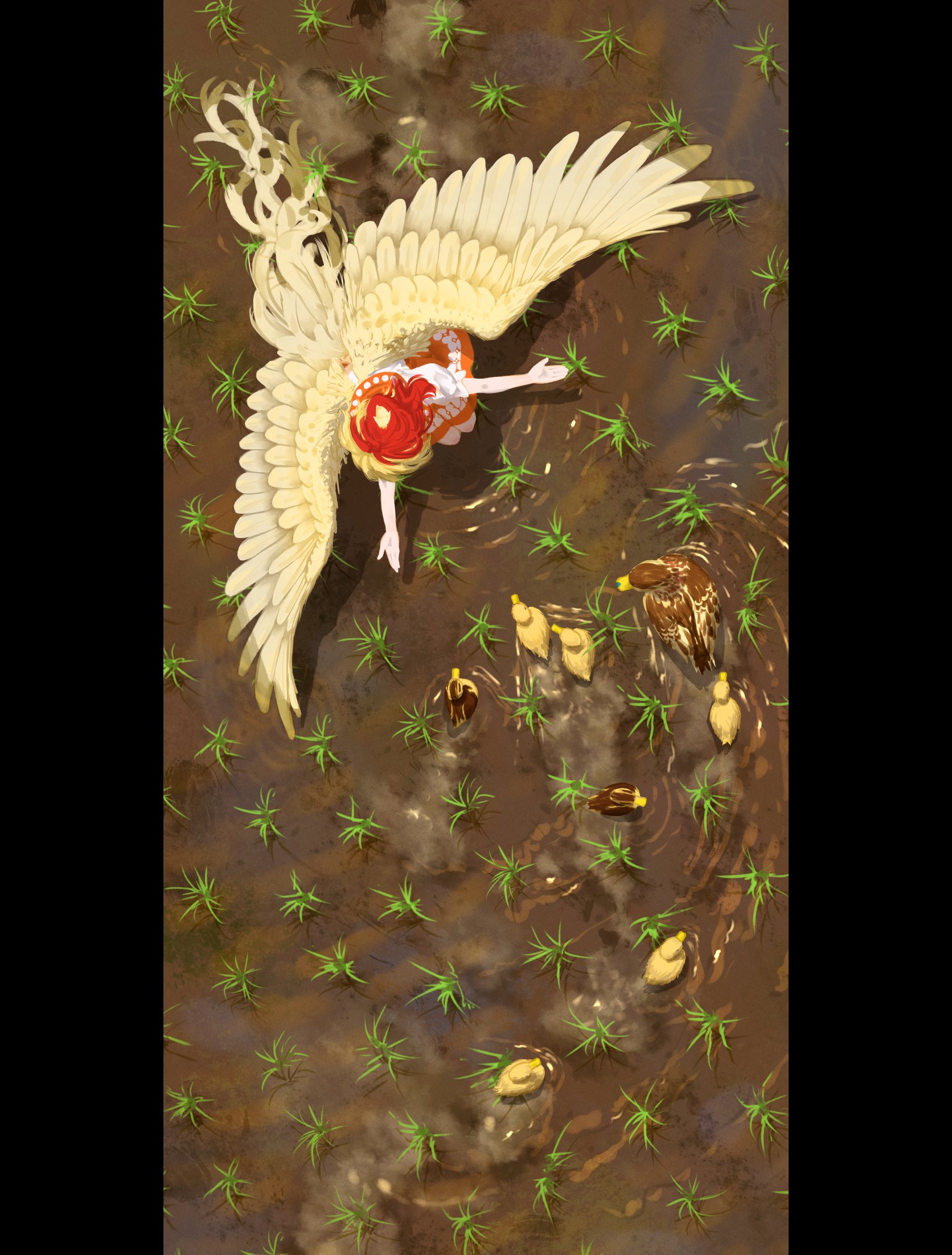 kajatony, niwatari kutaka, touhou, wily beast and weakest creature, highres, 1girl, animal, animal on head, baby animal, beckoning, bird, bird on head, bird tail, bird wings, black border, blonde hair, border, dress, duck, duckling, from above, mallard, multicolored hair, on head, orange dress, outstretched hand, pillarboxed, red hair, shirt, tail, two-tone hair, wetland, white shirt, wings
