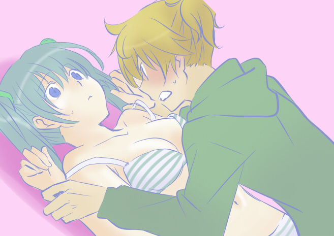 hk, hatsune miku, kagamine len, vocaloid, arm grab, bad id, bad pixiv id, 1boy, 1girl, bare shoulders, blush, bra, breasts, cleavage, hetero, large breasts, lingerie, panties, striped bra, striped clothes, underwear